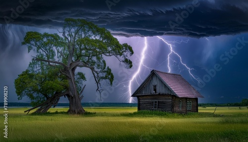 Wooden shack stands in a dramatic landscape with lightning storm behind 