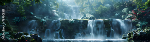 Exotic waterfall and lake landscape background - Ai Generated