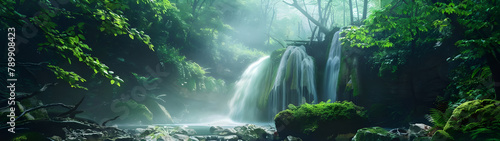 Exotic waterfall and lake landscape background - Ai Generated