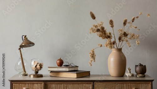 Effortless Elegance: Minimalist Home Decor Template Featuring Beige Sideboard and Personal Accents"