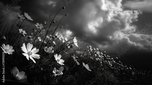  Black and white photography of the White Wild Flowers, dark with clouds. Landscapes photography