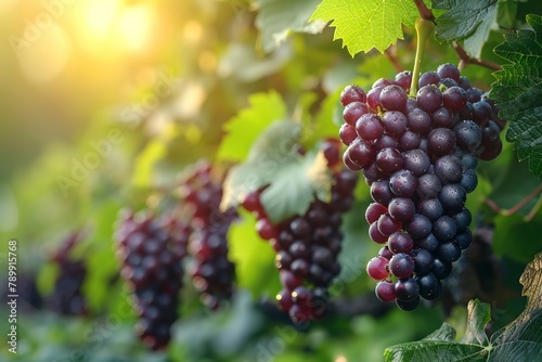 Vines with clusters of black grapes on the theme of winemaking and viticulture