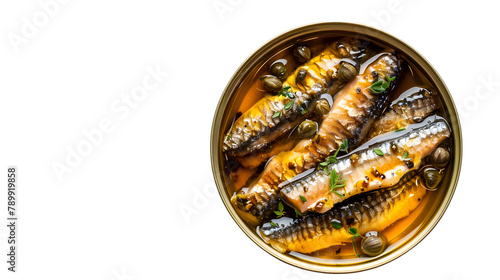 Open tin of sardines in olive oil with capers and thyme on dark rustic wooden background