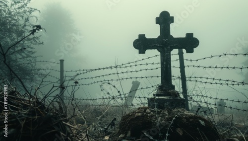 A cross on the grave, surrounded by barbed wire, with a foggy background, in the style of a movie still, in a cinematic style. 