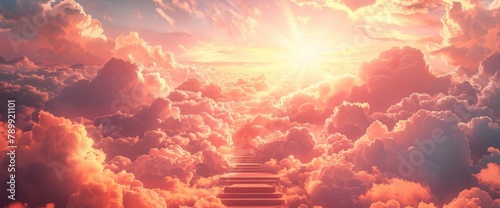 A stairway leading to the clouds, with sunlight shining down on it. The stairs lead up into a beautiful sky filled with fluffy white and pinkish red clouds.