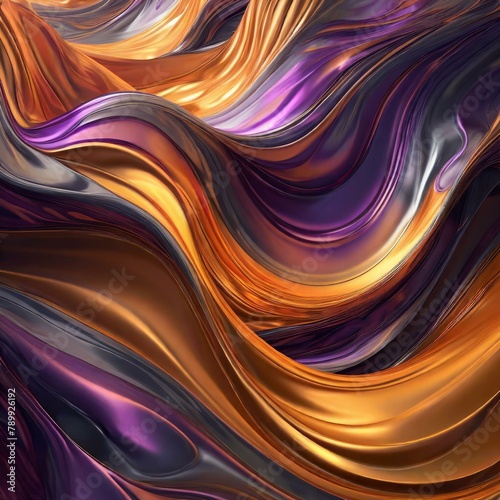 abstract iridescent wavy orange and purple metallic liquid background, depicted in a dynamic digital painting. The fluid forms undulate and flow in a hypnotic rhythm, capturing the essence of liquid f