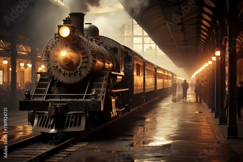 A steam locomotive sits in a station, ready to depart.