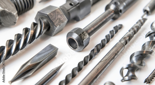 A wide range of metal turns and drill bits, including spools, internal turning blades, three-dimensional geometry, precision tools for work on various materials.