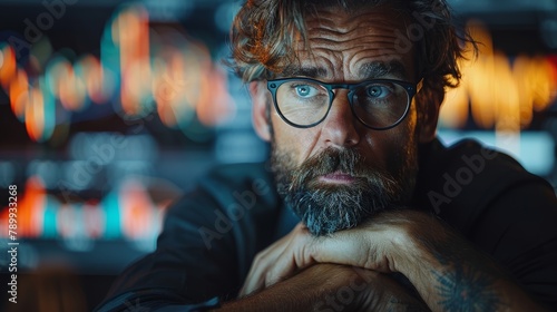 Business man with glasses looks pensively in an office with ambient lighting. His tattooed arms and intense gaze indicate stress and deep thought.