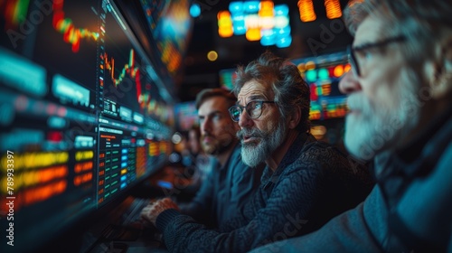 Two mature stock brokers intensely monitor fluctuating market data on multiple screens, discussing potential trades in a high-tech trading office.