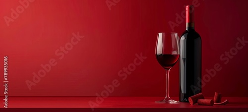 Bottle and glass of red wine on a red background. Copy space. generative ai