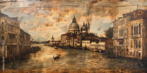 Paesaggio veneziano inciso su una tavola di legno. Venezia.