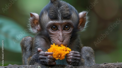 A primate baby sitting on a branch enjoying eating a flower in nature