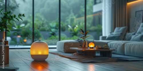 Cute smart home devices as animated, helpful sidekicks in a user's cozy, futuristic living space