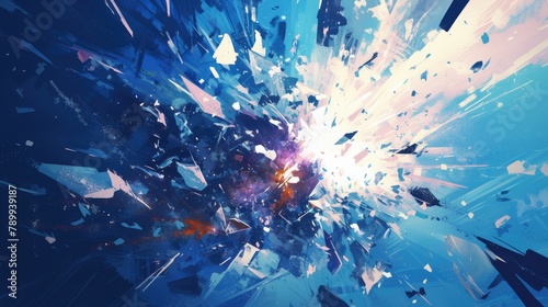 2d illustration depicting shattered glass or an exploding ice effect with bursting particles explosive energy and a dynamic galaxy in a comic style composition Featuring grungy fragments of
