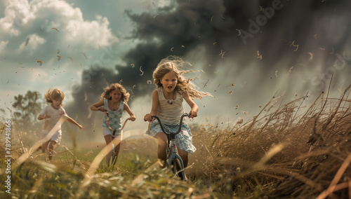 Children flee on foot and bike through grass as towering explosions loom behind them. Black smoke clouds the background, depicting the aftermath of chaos and danger