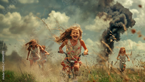 Children flee on foot and bike through grass as towering explosions loom behind them. Black smoke clouds the background, depicting the aftermath of chaos and danger