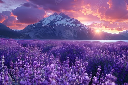 A breathtaking image of a majestic snow-capped mountain with a colorful sunset and a foreground of vibrant purple lavender fields
