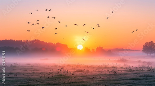 A tranquil sunrise over a tranquil countryside, with mist rising from the fields and birds singing in the distance, creating a sense of peace and serenity