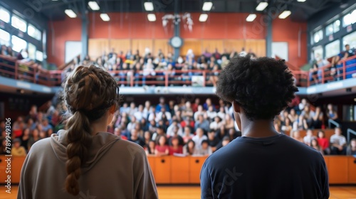 Back View of Students Speaking to a Large Audience