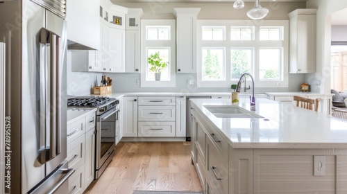 A large kitchen with white cabinets and a white countertop. The kitchen has a modern design and is very clean