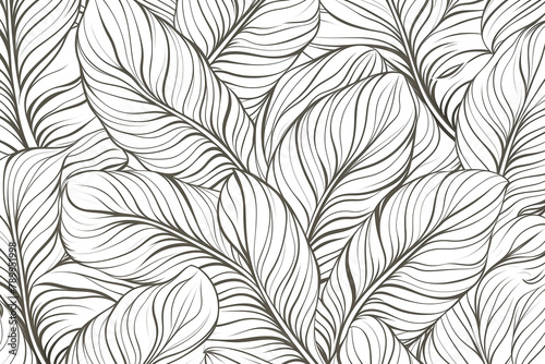 An abstract of foliage line art vector on white background, tropical leaf in hand drawn pattern for fabric