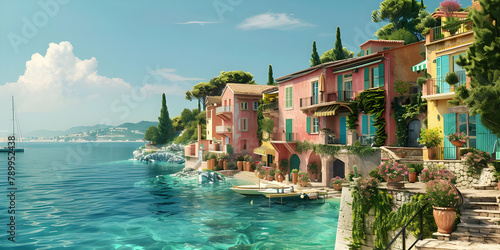 Small town on the Mediterranean Sea background - Ai Generated