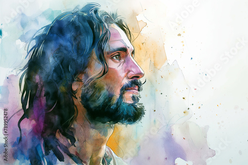 Watercolor portrait of Jesus Christ. Religion painting artwork. Close up Jesus portrait.