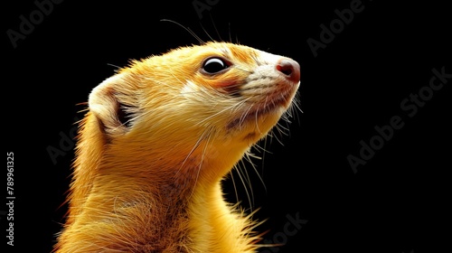  A tight shot of a small animal with uplifted head and widened eyes, gazing at something above on a pitch-black backdrop