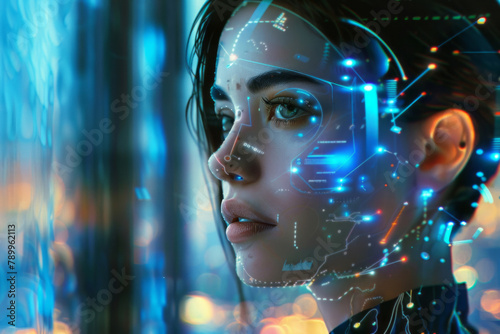 A digital avatar of a woman, surrounded by circuitry and holographic elements, stands out against an abstract digital backdrop, her facial features and the blue glow of data streams being the focus.
