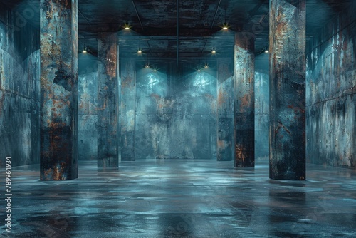 An atmospheric depiction of an abandoned, weathered interior of an industrial warehouse with standing water on floor