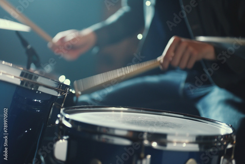 Drum set with sticks in motion, capturing the intensity of a drum solo