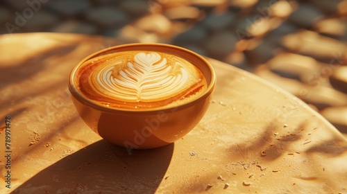  A cappuccino atop a table, adorned with a leaf