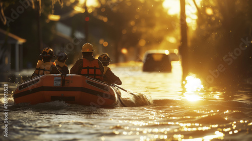 A group of rescuers in orange life jackets are in an inflatable rubber boat on a flooded street and are looking for people injured by the hurricane