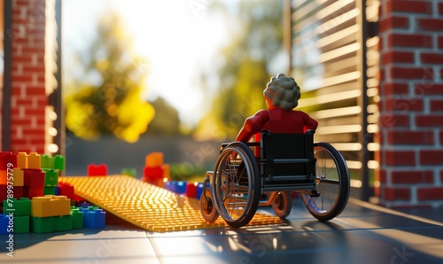 Illustration of an access ramp with a person with handicap on wheelchair, senior man or woman leaving a building or watching outside from inside the room among colored building blocks plastic toys