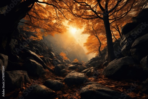 a beautiful autumn landscape with fallen leaves in a forest glade at sunset, sunlight and beautiful nature as background