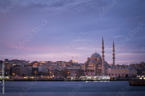 Mosque near the river in Istanbul at dawn