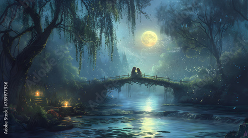 A beguiling tapestry of the wise maiden and her brownie pal. sitting on a bridge over an endless river glowing with moonbeams