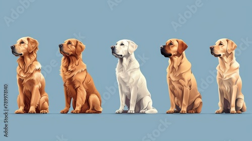 Animated golden retriever and labrador retriever dog hand drawn modern collection. A collection of cartoon dog and puppy characters with flat colors.
