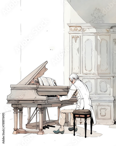 A minimalist outline of a baroque musician tuning a clavichord in a historic room, rich woods and soft ivories, light watercolor, white background
