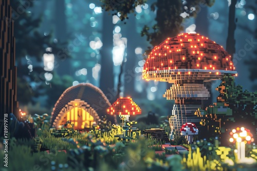 Capture a surrealistic wilderness camping scene with towering, glowing mushrooms using pixel art Experiment with drastic camera angles to highlight the eccentricity