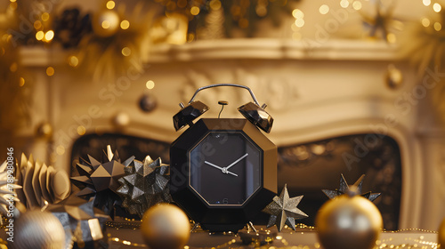 A black plastic New Years clock made of geometric shapes stands on the mantelpiece. surrounded by silver stars. The background is gold with a soft gradient effect. 