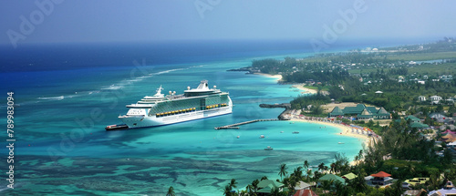 Luxury cruise ship anchored near lush, tropical island port with blue skies and calm waters.