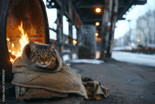 Homeless cat seeking shelter under a bridge at twilight