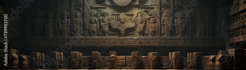 Beautiful worship scene in a pre-Columbian temple, soft light, intricate stone carvings, serene devotion, 