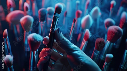 a panoramic view of a makeup artist's hand reaching for various brushes, creating a dynamic and engaging image in 8k resolution. 