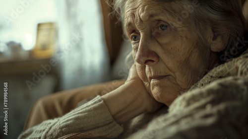 A depressed, confused elderly woman with memory problems looking & thinking in a sad mood and lonely. Cognitive Impairment, Delirium mental confusion. Concepts of Alzheimer's, amnesia or dementia.