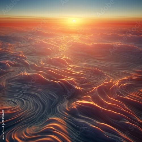 Zonal jet streams from above, sunset, aerial, atmospheric dynamics, 
