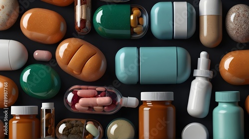 Various capsules and pills with dietary supplements or medicines in hexagonal jars.generative.ai 