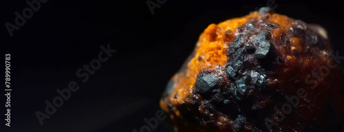 Rakovanite is a rare precious natural stone on a black background. AI generated. Header banner mockup with space.
